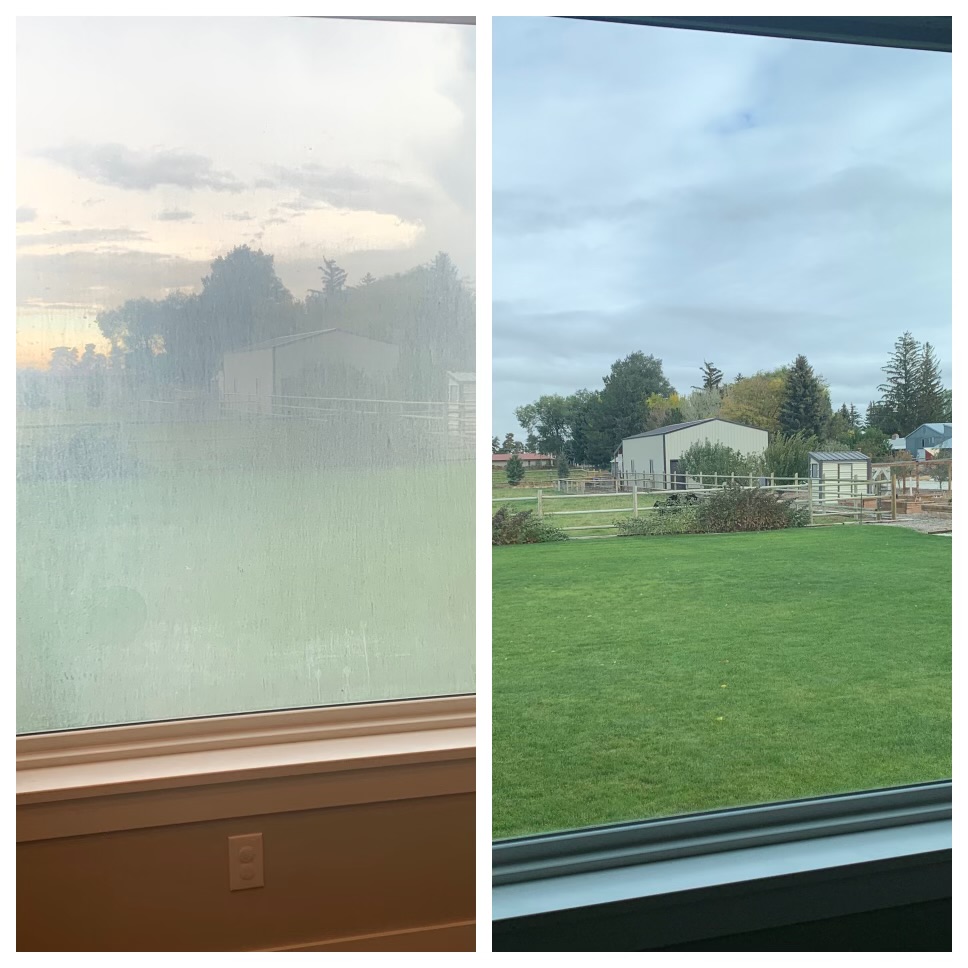 Before and after on a hard water removal window washing
